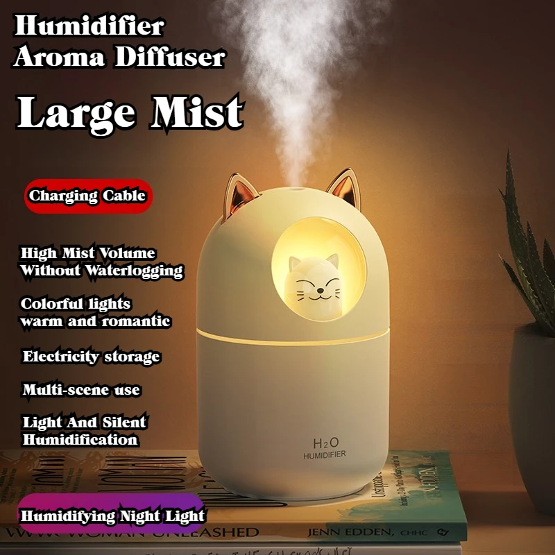 Portable 300ML Cat Shaped Humidifier USB Aroma Diffuser Ultra Silent Household Bedroom Office Car with LED Mist Spray