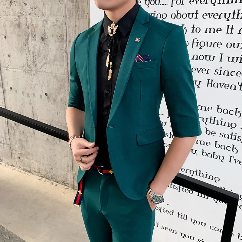 

(Blazer+Pants) Men's High-quality Spring Summer Solid Color Slim-fitting Suit Male 2 Piece Mid-sleeve Best Man Tuxedo Show Dress