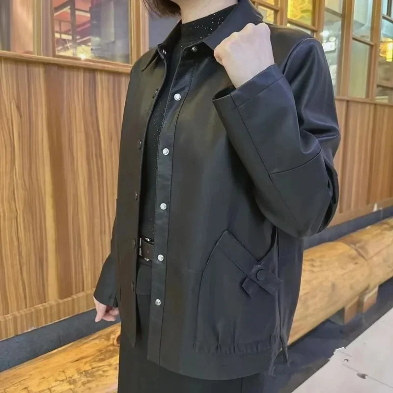 가을 여성용 큰 사이즈 5XL 인조 가죽 탑 아우터 2025 여성 패션 PU 가죽 코트 한국 여성 라펠 인조 가죽 재킷