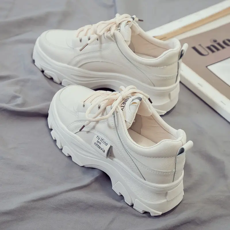 Fashion White Split Leather Women Chunky Sneakers White Shoes Lace Up Tenis Feminino Zapatos De Mujer Platform Women Casual Shoe