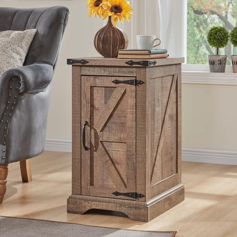 with Charging Station, Rectangular Farmhouse End Table with Barn Door and Adjustable Storage Shelf