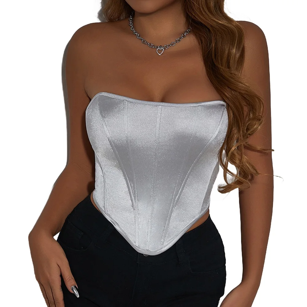 Tube Tops Corset Strapless Top Elegant Fishbone Crop Satin Skinny Slim Solid Color Womens Daily Fashion Female