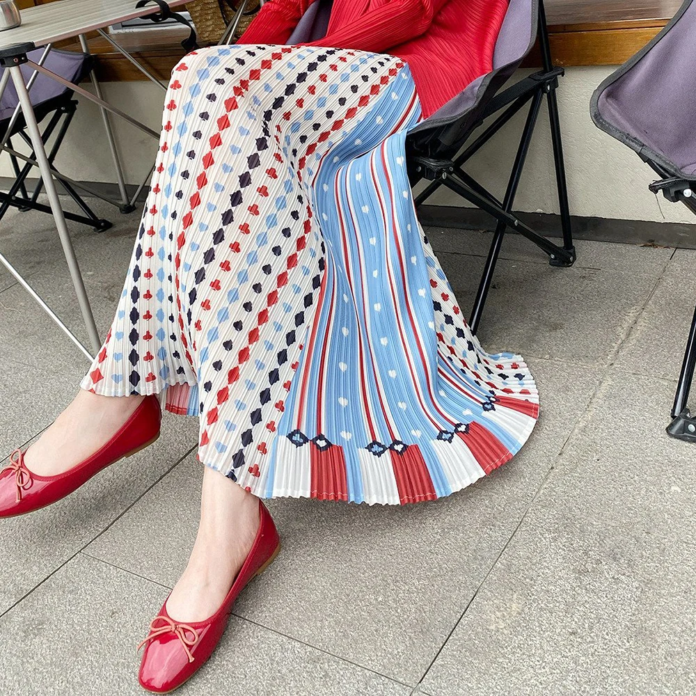 National style temperament A-shaped pendulum printed skirt spring and summer new drape thin pleated skirt long