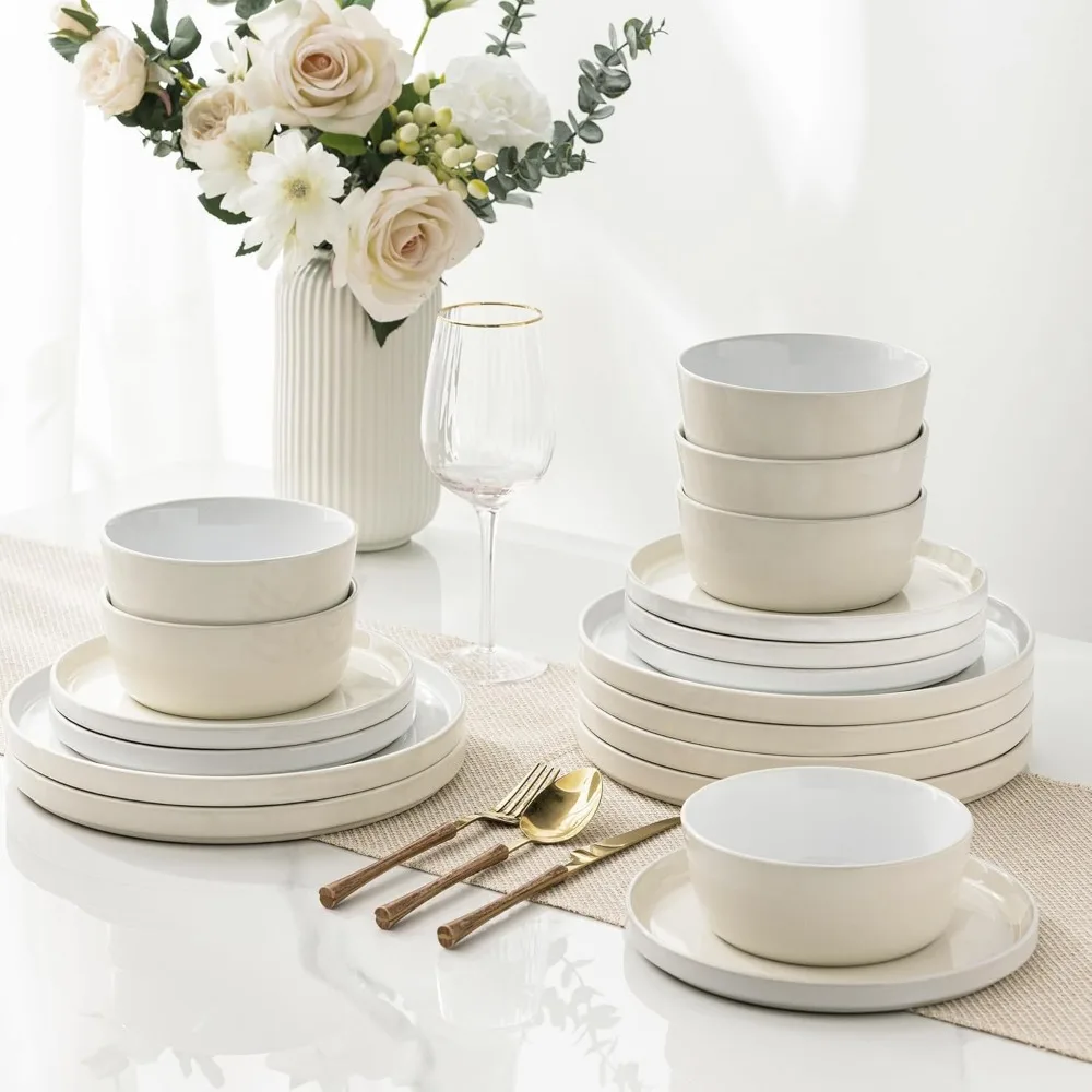 

ceramic dinnerware sets for 6, 18 piece stoneware plates and bowls set, chip and crack resistant plates set, dishwasher & micro