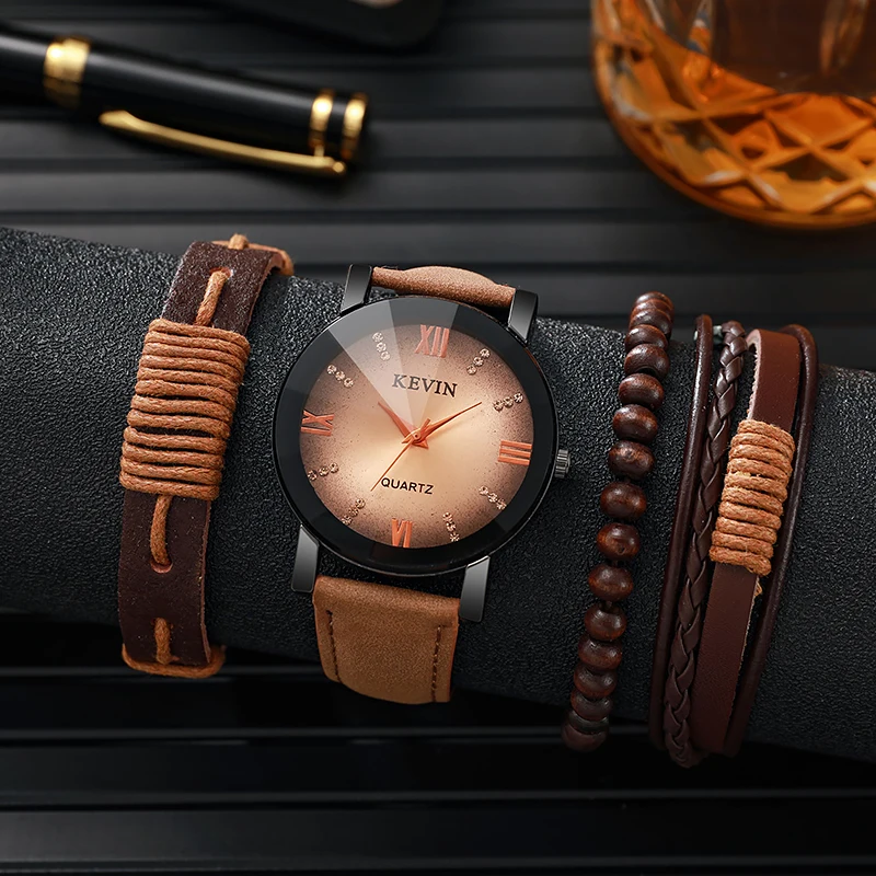 لا يوجد صندوق هدايا؛ ساعة ماسية مائية؛ ساعة بحزام جلدي عتيق؛ سلسلة ساعة رجالية عصرية من الخرز وسوار جلدي 4 قطع #1