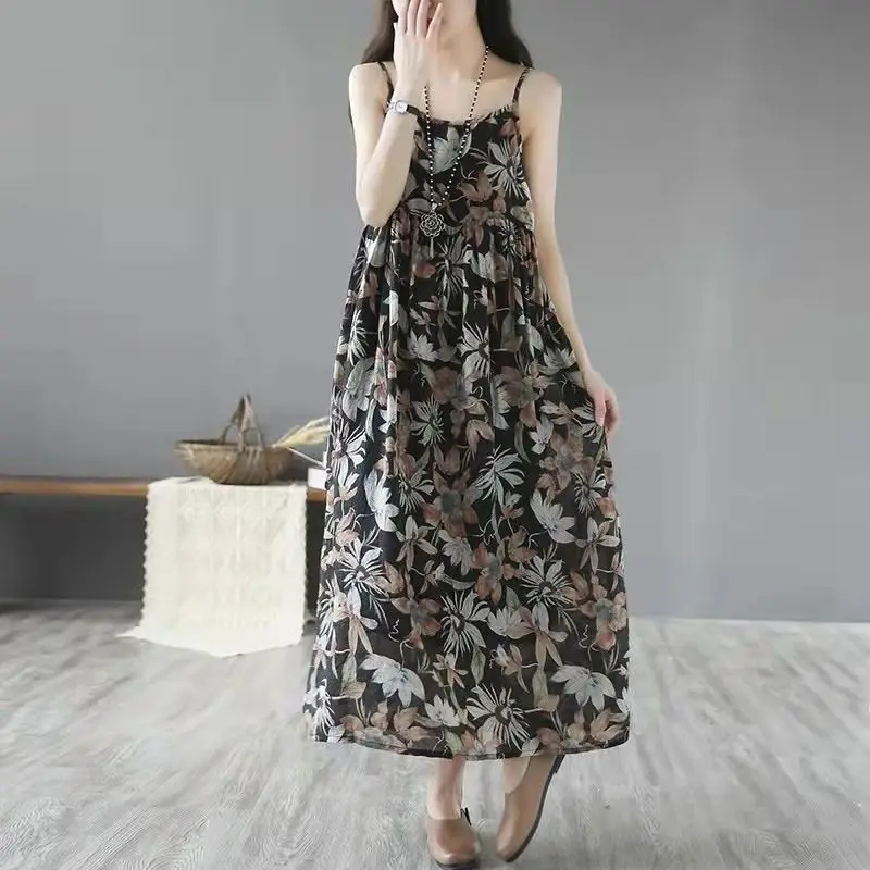 Women\'s Summer Pullover Camisole Sleeveless Flower Printing Shirring Casual Loose Chiffon Clothing Backless Vintage Dress