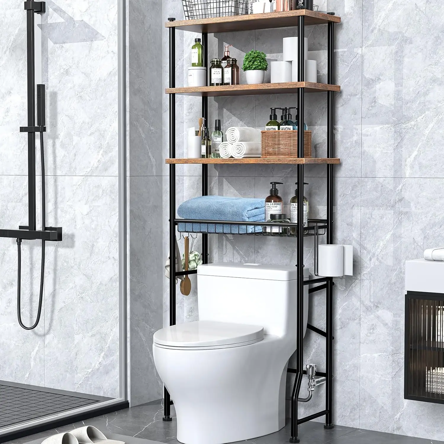 

4-Tier Over-Toilet Storage Shelves, Freestanding Bathroom Organizer with Adjustable Feet, Space Saver Rack, Vintage Brown