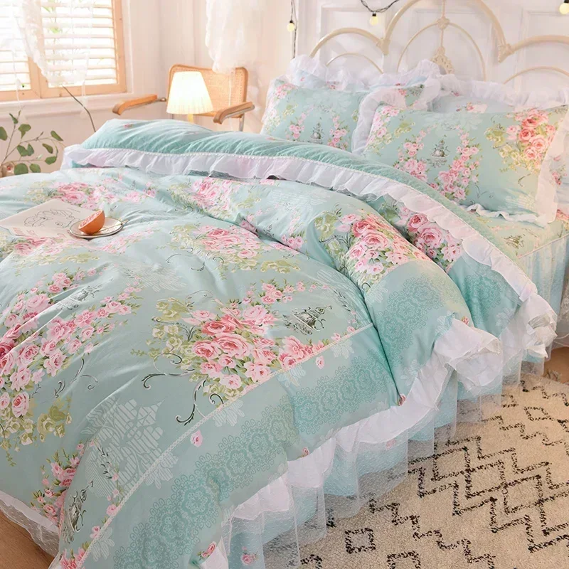 Bedding Set White Cotton Korean Style Fresh Garden Princess Lace Bed Spread Ruffles Pillowcase Duvet Cover Bed Set Queen Size