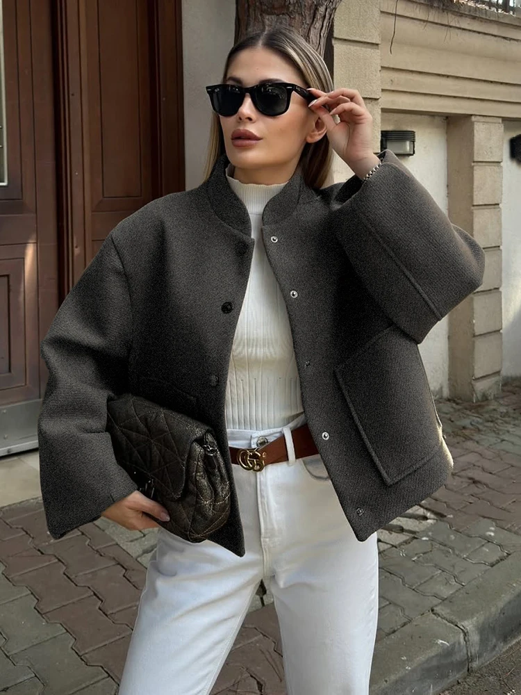 TARUXY Stand Collar Short Jacket For Women Fashion Loose Single Breasted Coat Casual 2025 Spring Autumn New Solid Woman Outwear