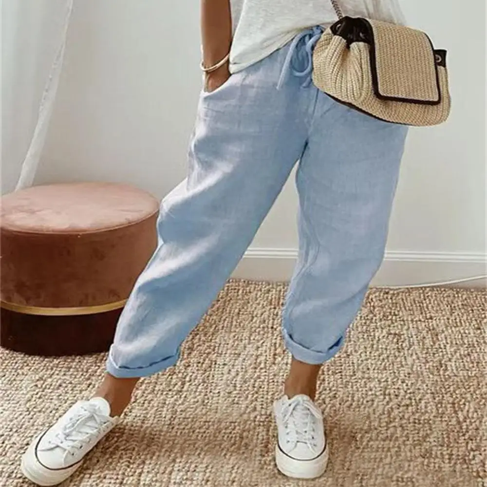 Pantaloni Casual da Donna in Cotone e Lino, Taglie Multiple, Comodi per il Pendolarismo, Stile Militare a Vita Bassa