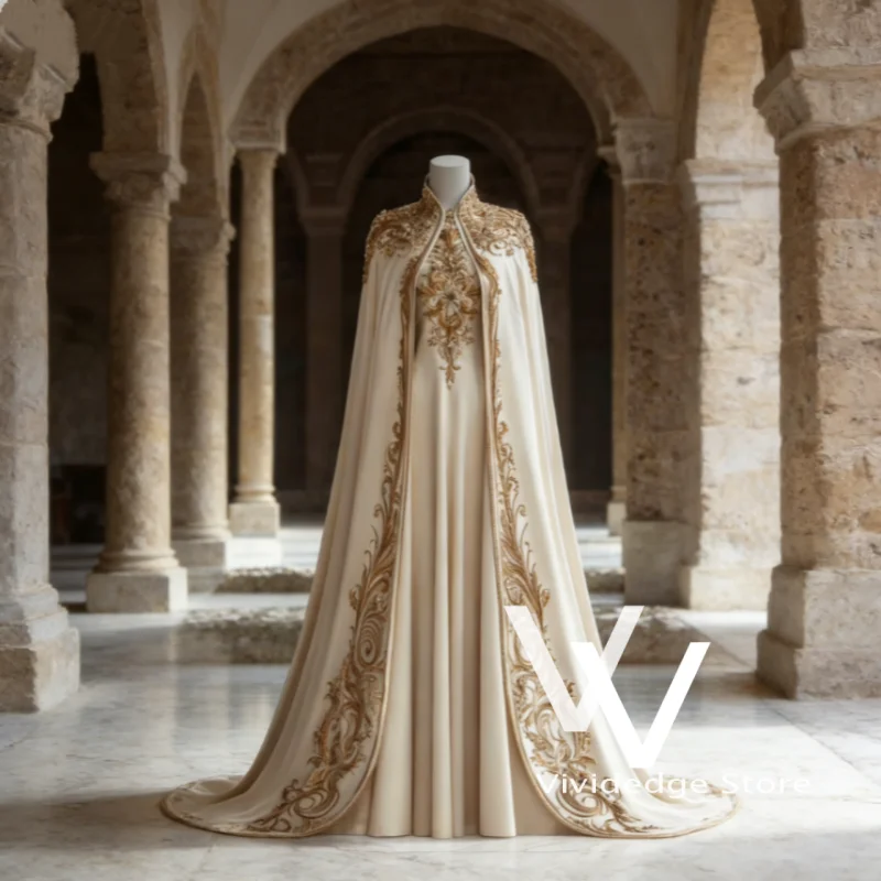 Luxuriöse weiße Hochzeitskleider mit hohem Kragen für muslimische Frauen, goldene Spitzenapplikationen, arabische Brautkleider, maßgeschneiderte Vestidos de Novia
