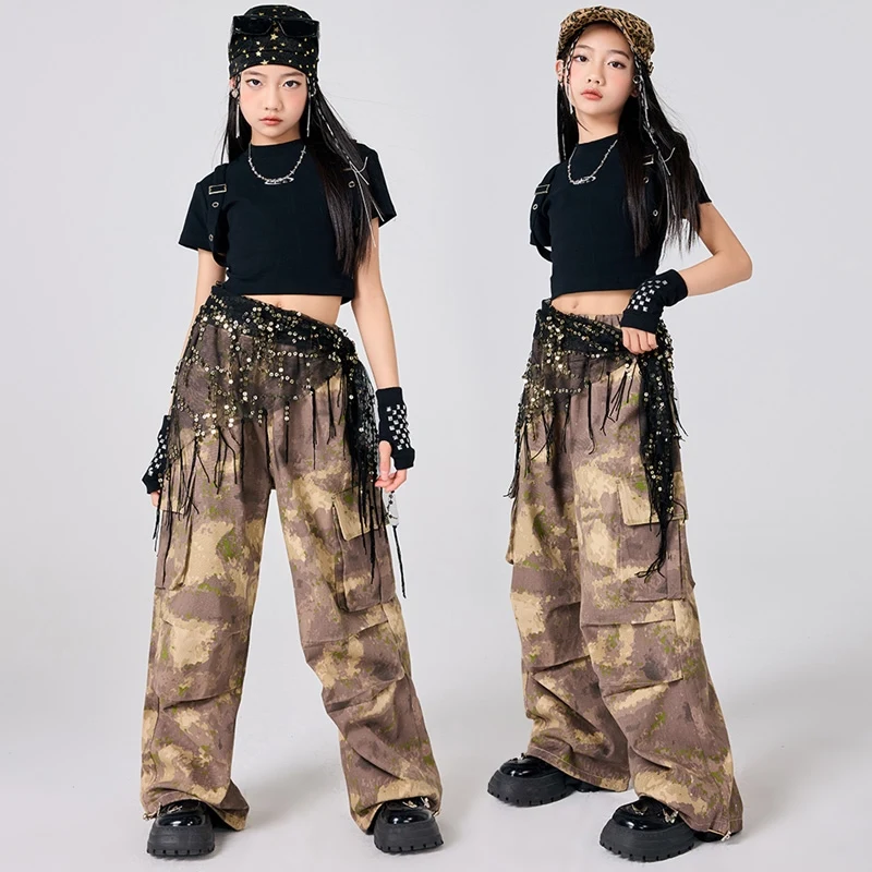 Jazz Dance Clothing Children Black Tops Camouflage Cargo Pants Cool Girl Fashion Clothes Street Dance Costume Kpop Clothes 1720