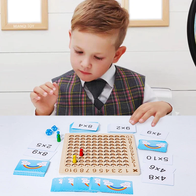 Wooden Montessori Multiplication Board Game Kids Learning Educational Toys Math Counting Hundred Board Interactive Thinking Game