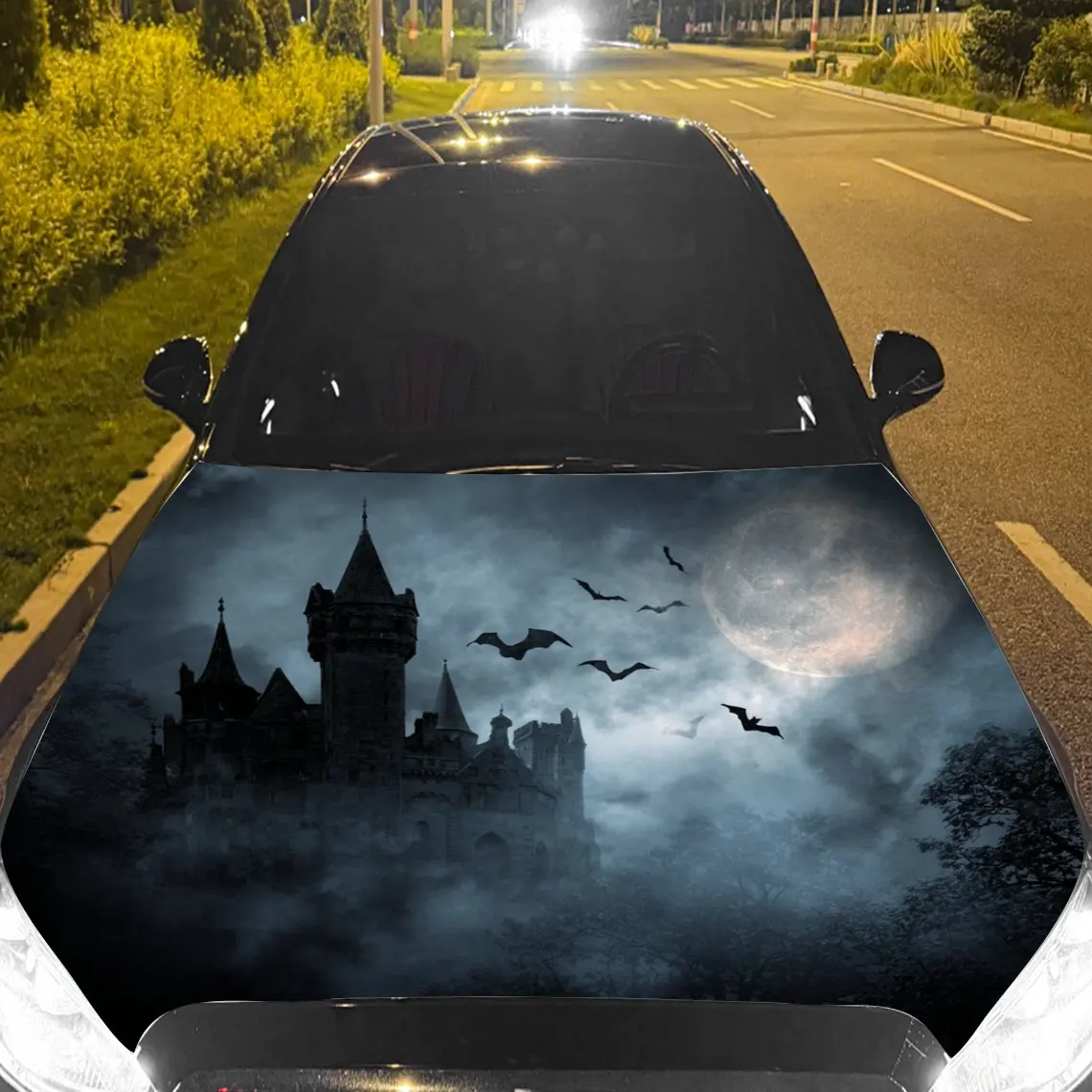 

Car Decals Haunted Castle with Bats in Dark Night Car Hood Sticker, Waterproof Self - Adhesive Vinyl Graphics Decals, Decorative