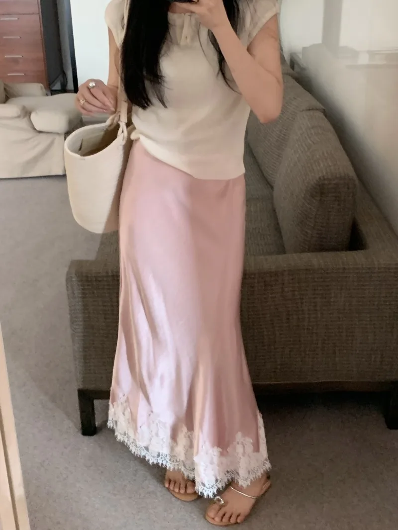 

French Elegant Satin Mermaid Skirt Women Spring Summer Lace Patchwork Pack Hip Long A-line Skirts Office Ladies Faldas