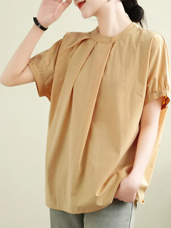 레트로 칼라 순면 루즈핏 여성용 여름 2025 신상 캐주얼 컬러 탑 라운드 넥 미디 길이 셔츠