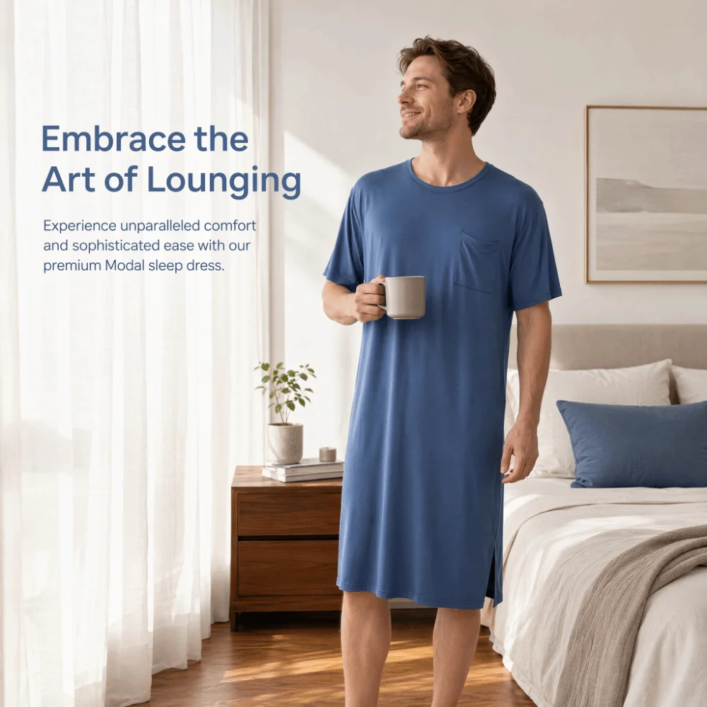Multi-functional Knee-Length Men's Sleeping Dress Plus Size Elastic Night-robe with Pocket Thin Modal Pajamas Summer