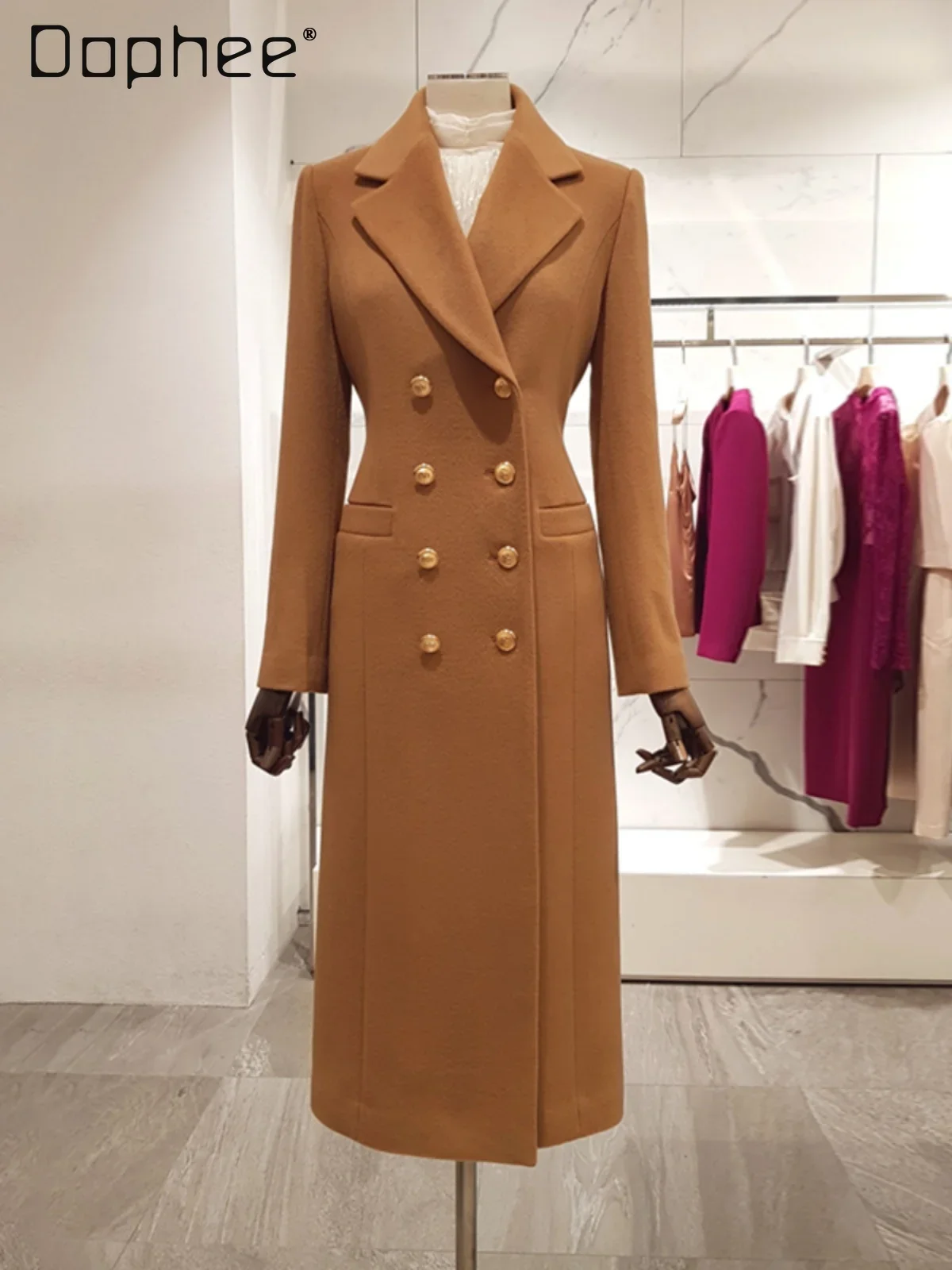 

Elegant Wool Coats for Women Autumn Slim Double Breasted Suit Collar Long Sleeve Medium Length Jacket Solid Color Commute