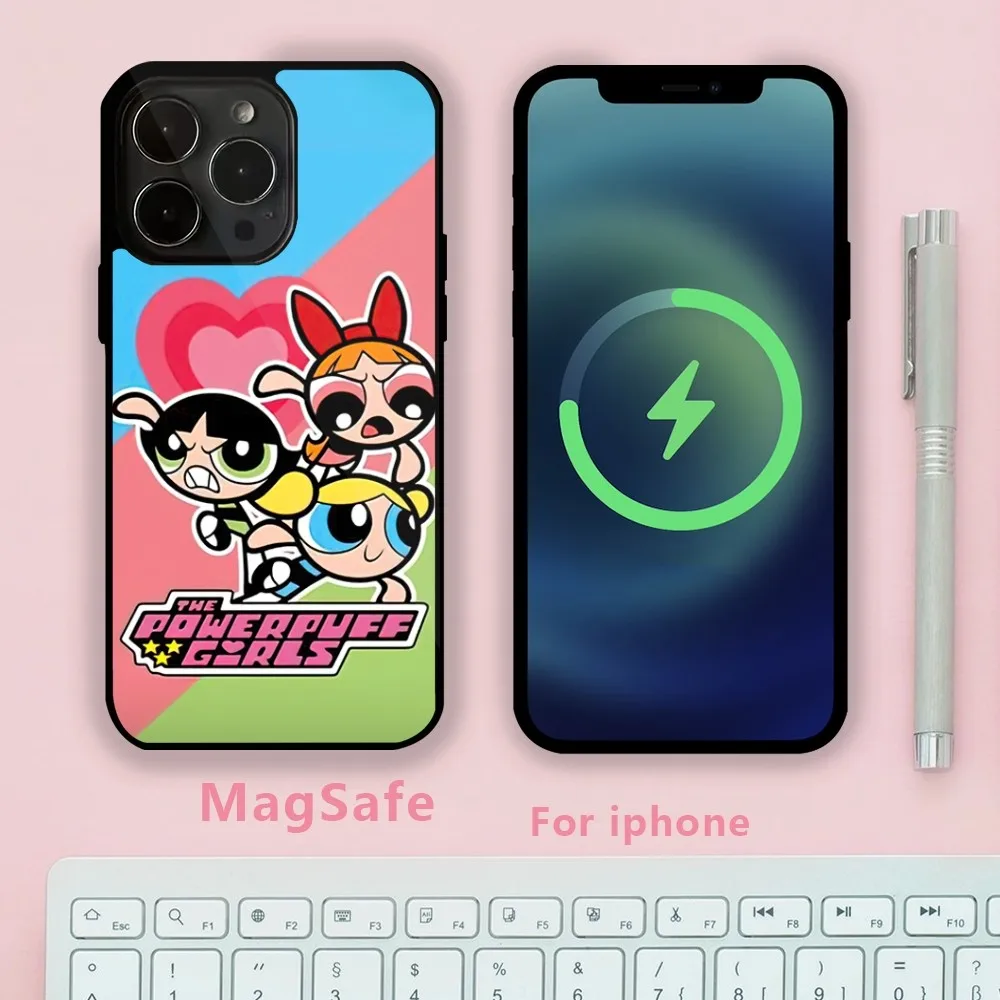 Cartoon The P-Powerpuff Girls Phone Case For iPhone 15 14 13 12 Mini Pro Max Plus Magnetic Attraction Shell