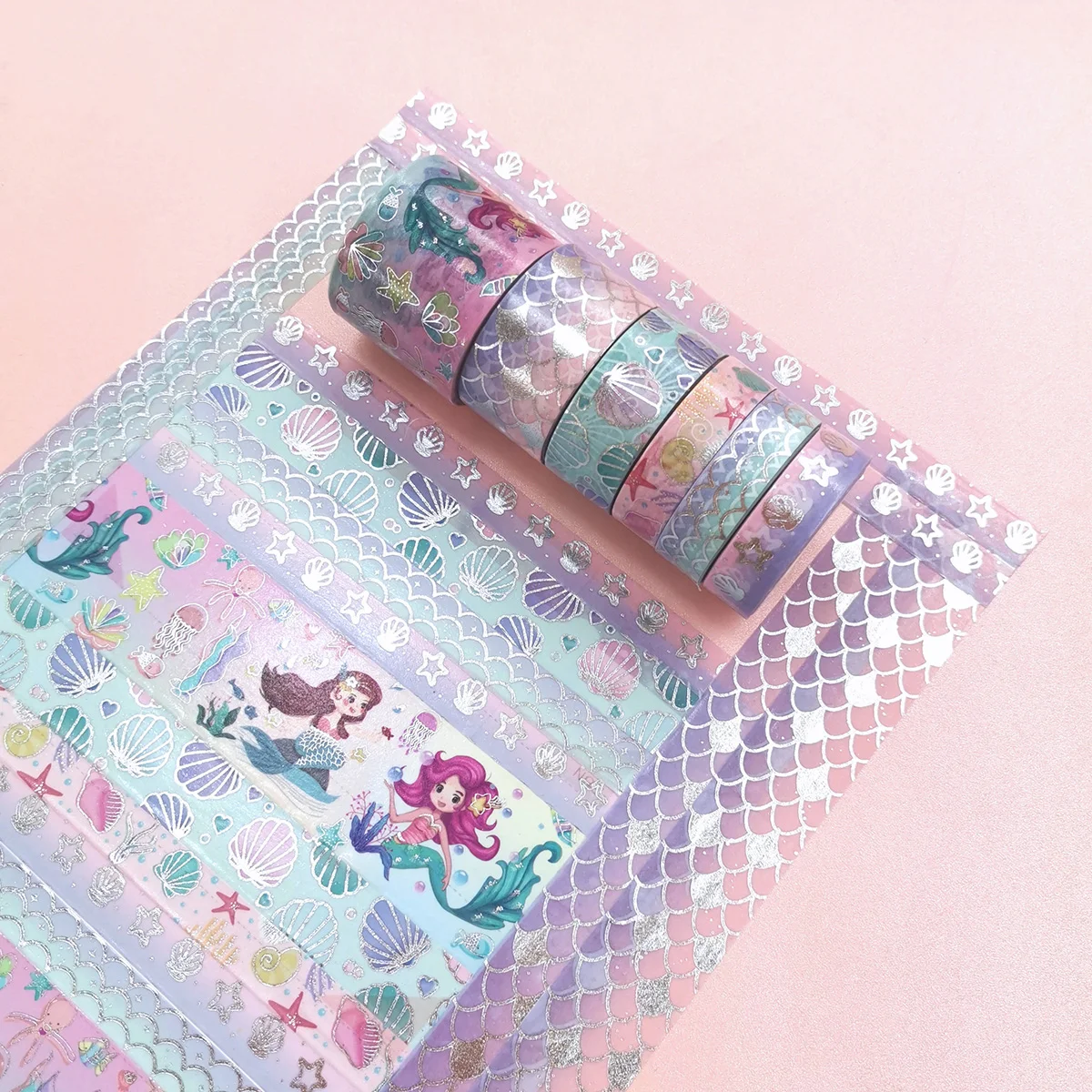 Set Selotip Washi Putri Duyung, 6 Gulungan Selotip Dekoratif Bertema Laut Berlapis Perak Berkilau untuk Menulis Jurnal, Scrapbooking, Kerajinan DIY, Hadiah