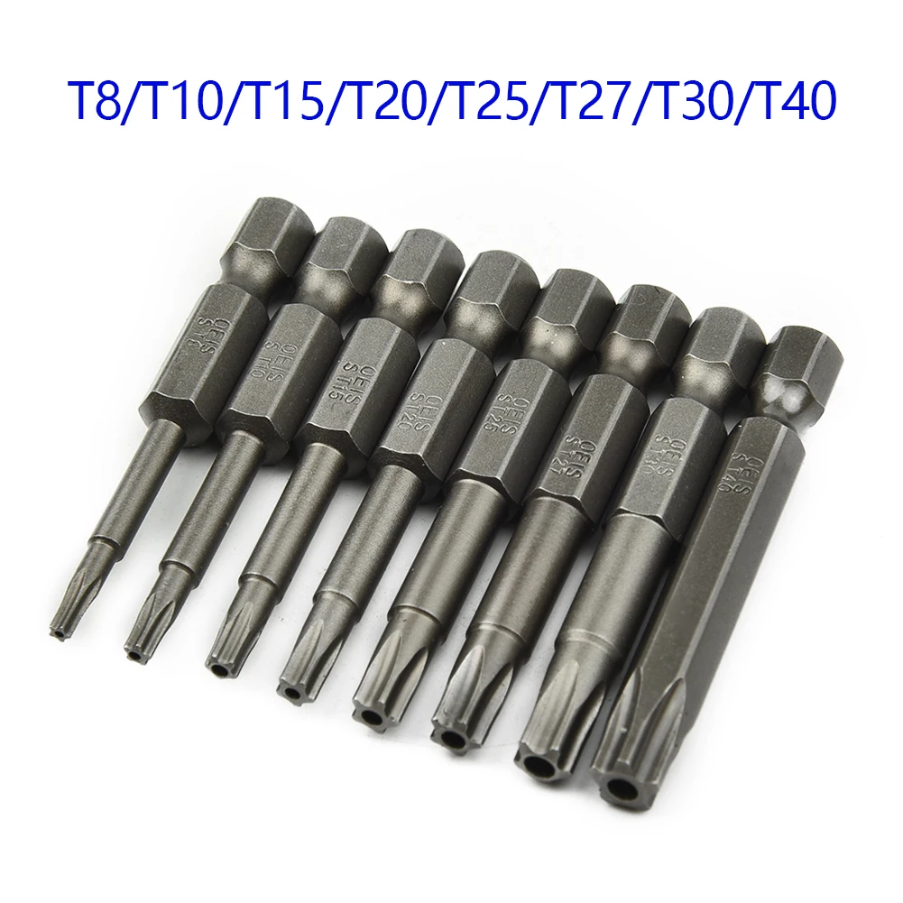 8pcs 50mm 5 Point To/rx Drive Bit Set 1/4" Hex Shank Electric Screwdriver Bit Kit T8-T40 Power Tools With Center Hole