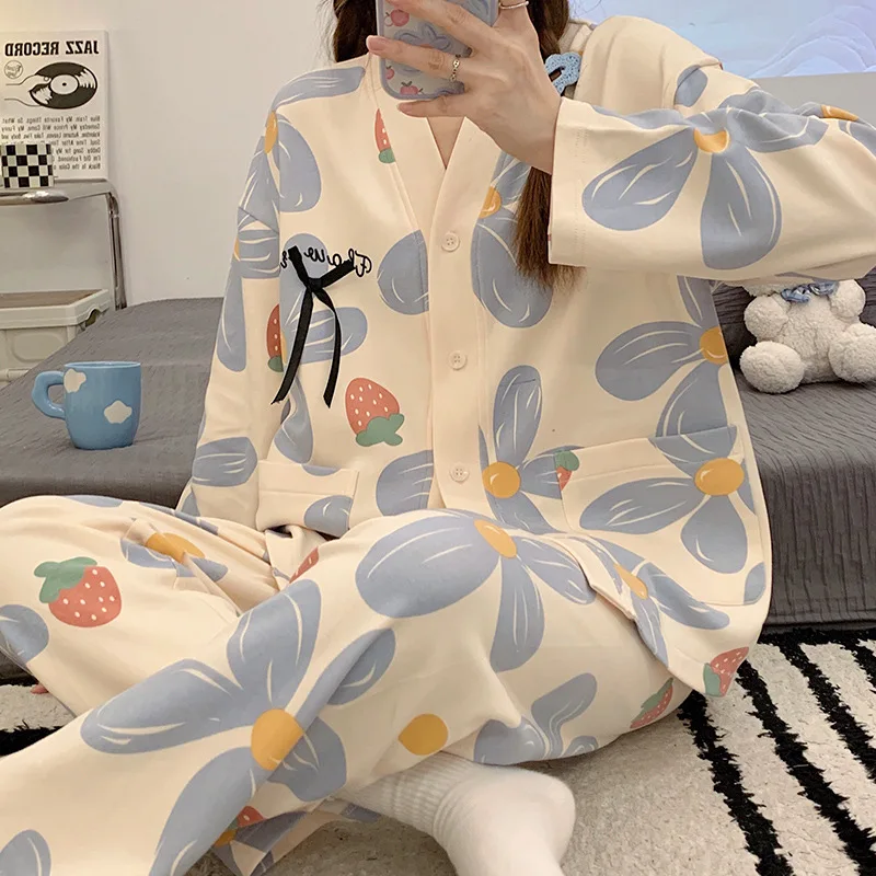 Cotton Suits Long Girl Korean Women's Pajamas Kimono Pyjama Print Pijama V Neck Spring Sleepwear Nightie Pjs loungewear women