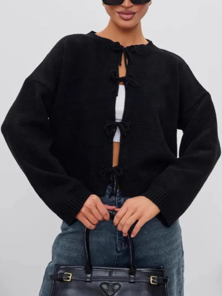 トッシーニットレースアップソリッドカーディガンコート女性通勤ラウンドネックルーズ長袖カジュアルセーター女性ニットウェアカーディガンコート