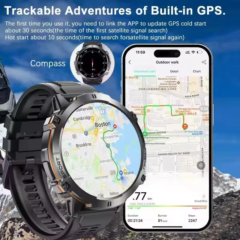 New Outdoor 1000mAh Battery Men Adult Smart Watch GPS Compass Altimeter 10ATM Waterproof Heart Rate BT Call Sport Smartwatch Man