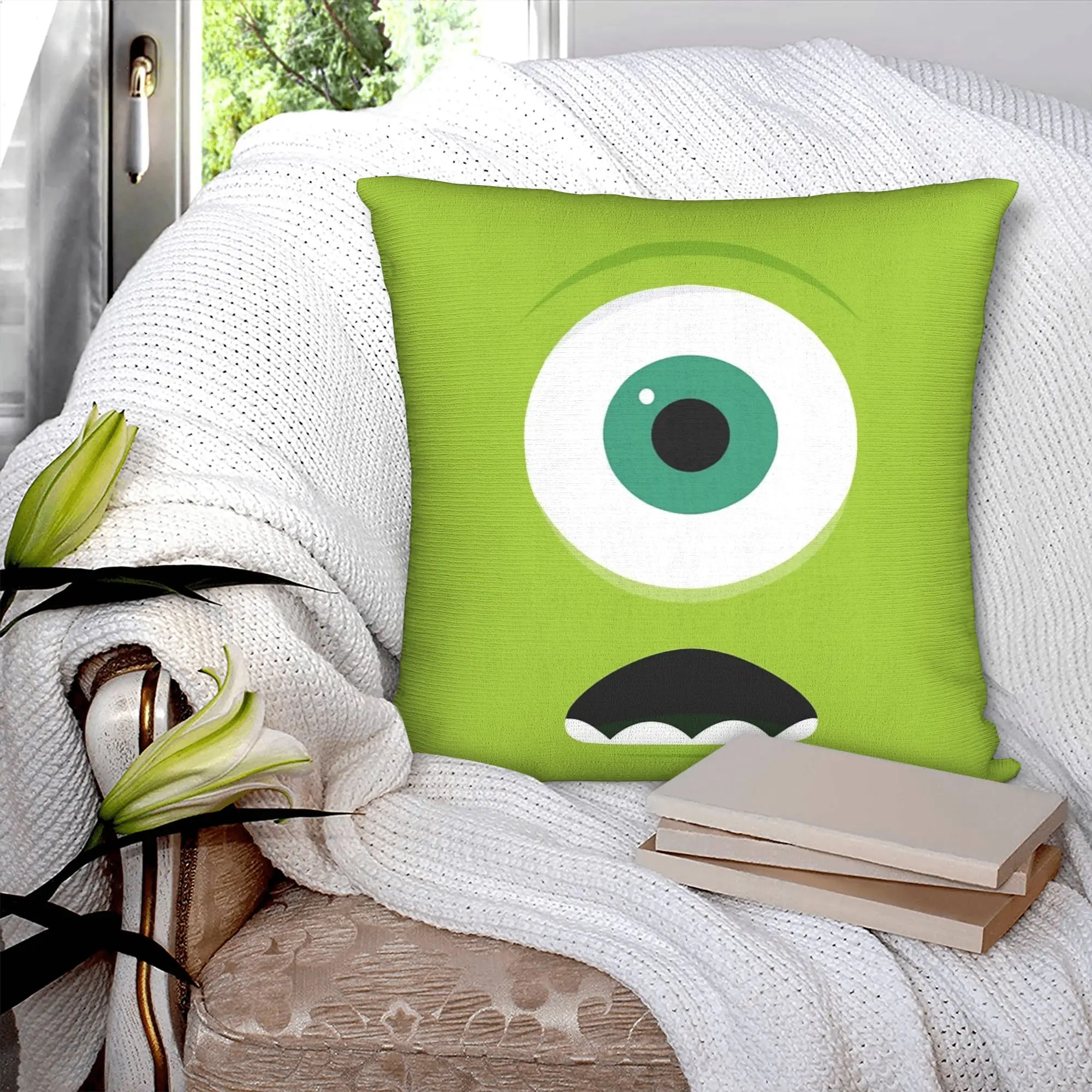 Mike Wazowski Monsters University Quadratischer Kissenbezug, Monsters Inc-Kissenbezüge, Reißverschluss, dekorativer Kissenbezug für Sofa, 40 x 40 cm – Detail 2