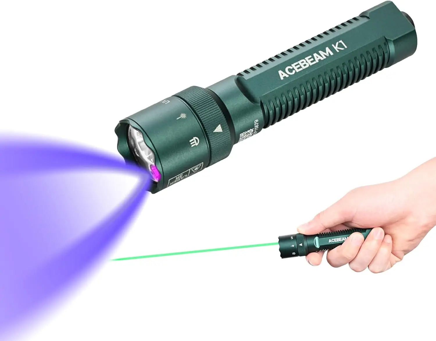 

K1 Rechargeable AA Flashlight, 1000 Lumens Green & White LED, UV Combo, Compact EDC for Camping, Emergency, Home