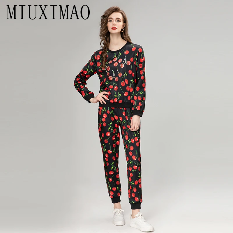 MIUXIMAO 2023 Fall sets for women 2 pieces Luxury Sicily Elegant Set Prints Cherry Top+ Slim Pants Fashion  pants sets  women