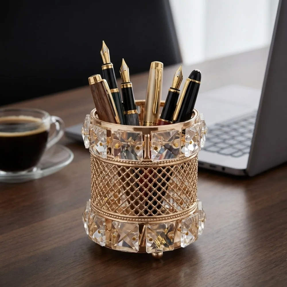 Gold Makeup Brush Holder Organizer Elegant Crystal Cosmetics Brushes Storage Cup Luxurious Bling pen holder Office Countertop