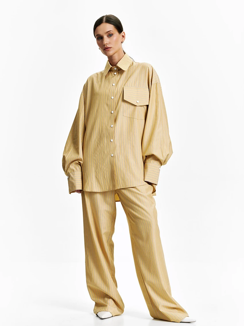 

Marthaqiqi Striped Ladies Nightwear Set Long Sleeve Nightgown Turn-Down Collar Pajamas Pants Fashion Loose Female Sleepwear Suit