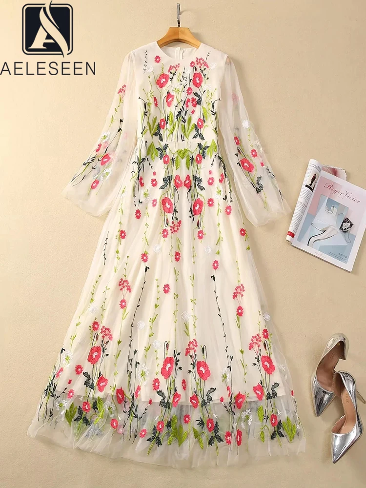 

AELESEEN Runway Fashion Long Dress Women Spring Autumn Full Sleeve Flower Embroidery Mesh High Waist Elegant Party Holiday