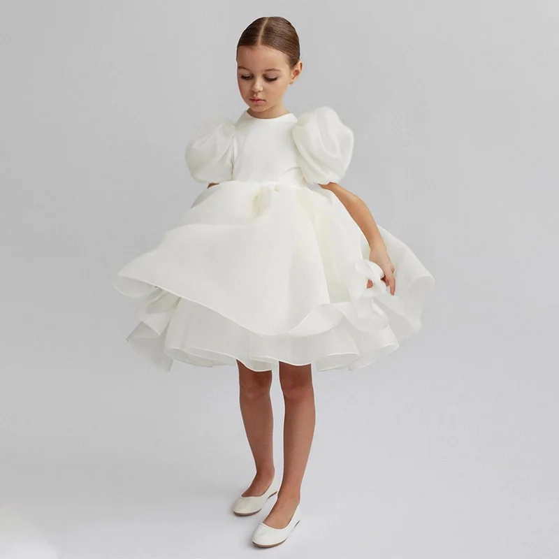 Girls White Cake Layers Dresses Kids Pull Sleeve Elegant Party Wedding Birthday Tutu Princess Vestidos Children Summer Clothes