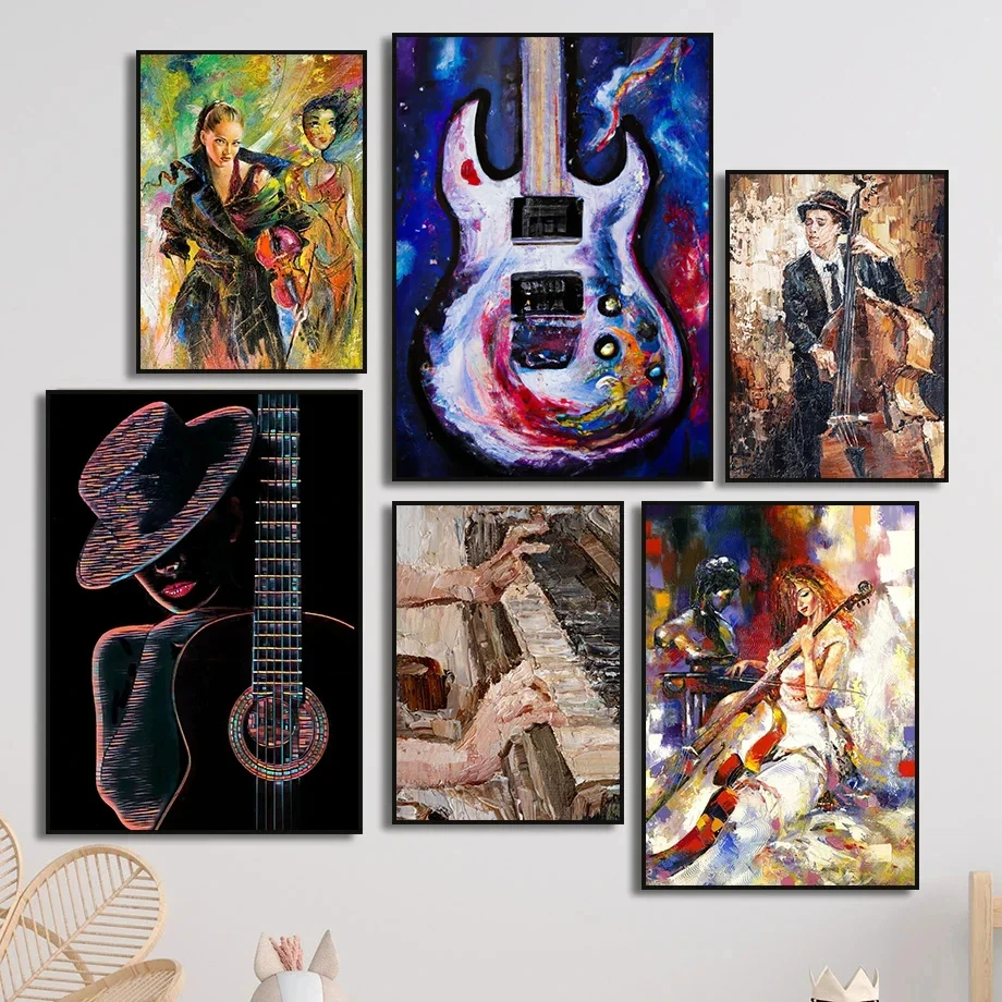 Music Jazz Saxophone Violin Cello Guitar Piano Vintage Art Posters Canvas Oil Painting Wall Prints Pictures for Room Home Decor