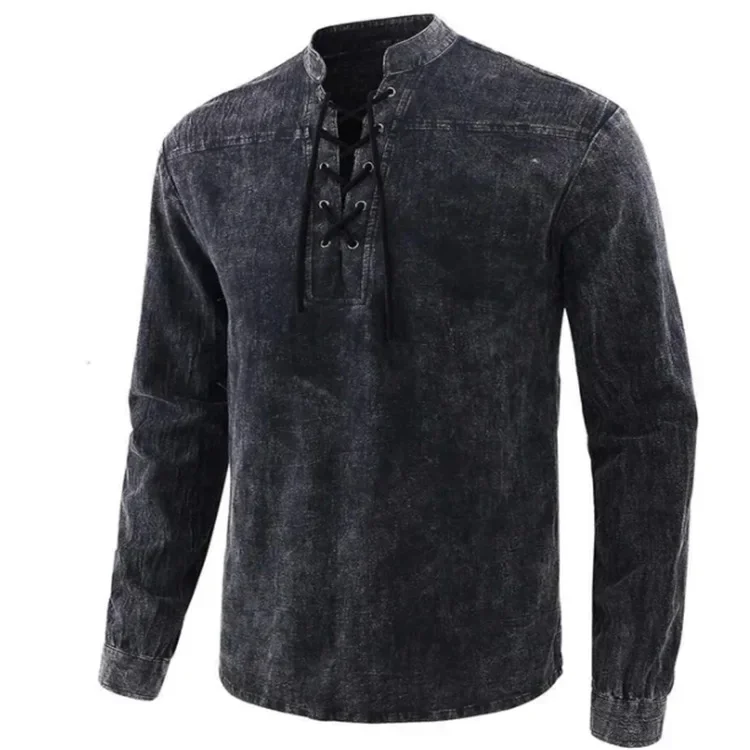 Europe and The United States Men's New Pure Color Lace-up Collar Loose Casual Shirt Retro Long Sleeve Simple Street Men T Shirt