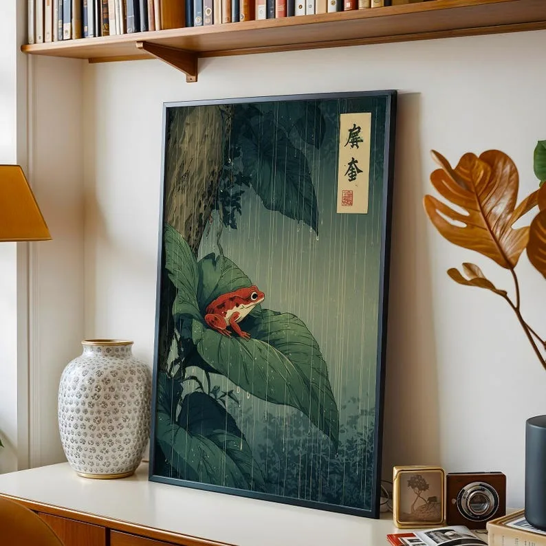 1 Stück japanische Frosch-Leinwand-Wandkunst, ungerahmter Vintage-Wandkunstdruck mit Regenwaldmotiv, rotes Frosch-Poster auf Blatt für Wohnzimmerdekoration – Detail 3
