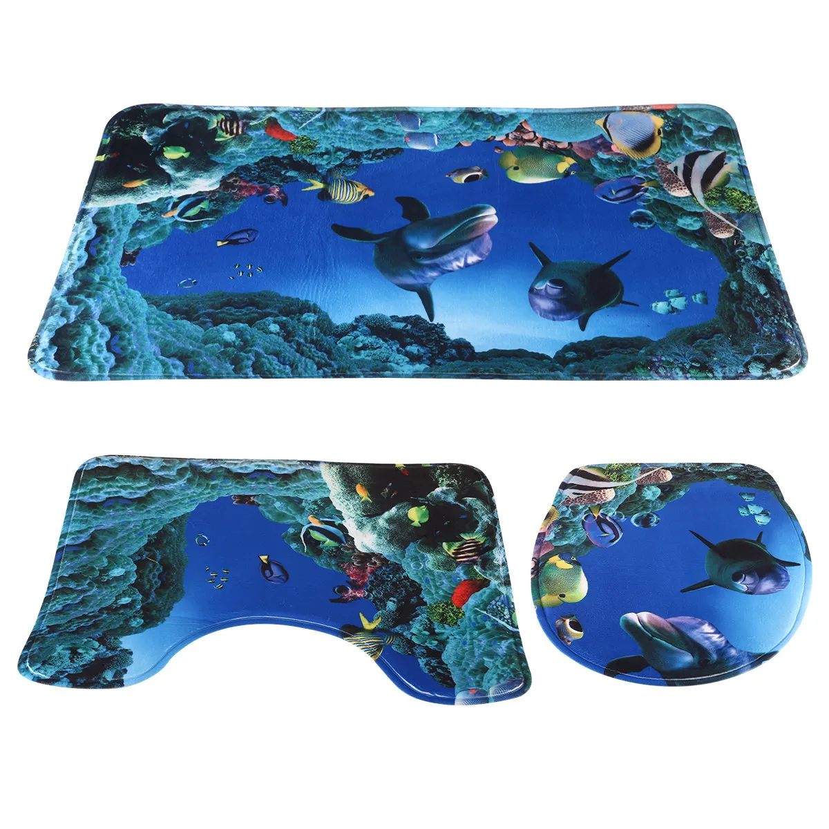 

3pcs set Toilet Mat Ocean Style Bathroom Rugs Underwater World Dolphin Carpet Anti Slip Easy Clean Machine Washable