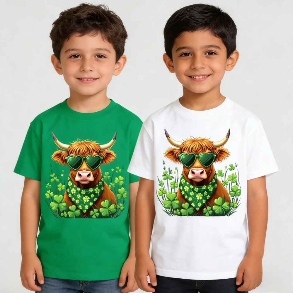 Cute Highland Cow St Patrick's Day Kids Shirt Shamrock Cow T-Shirt St Patrick's Day Boys Casual Tee Crewneck Cotton Short Sleeve
