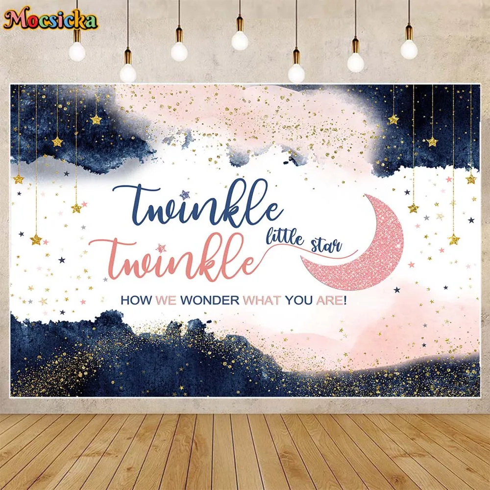 

Mocsicka Twinkle Little Star Gender Reveal Background Dark Blue and Pink Newborn Welcome Party Decorations Baby Shower Backdrops