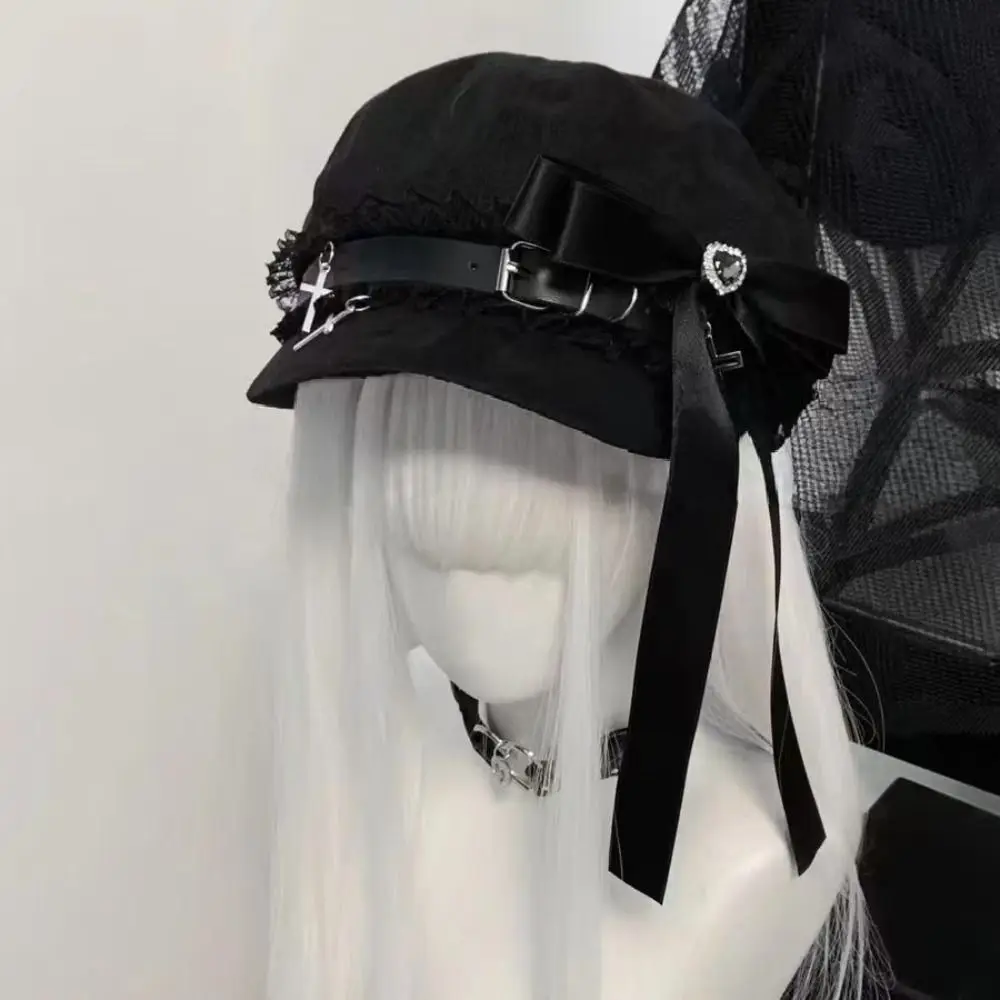 Harajuku Dolce Stile Fresco Cappello Ottagonale Punto di Pizzo Lolita Ragazze Y2k Cappelli da Donna Nero Blu Bowknot Berretto da Pittore Berretti da Baseball