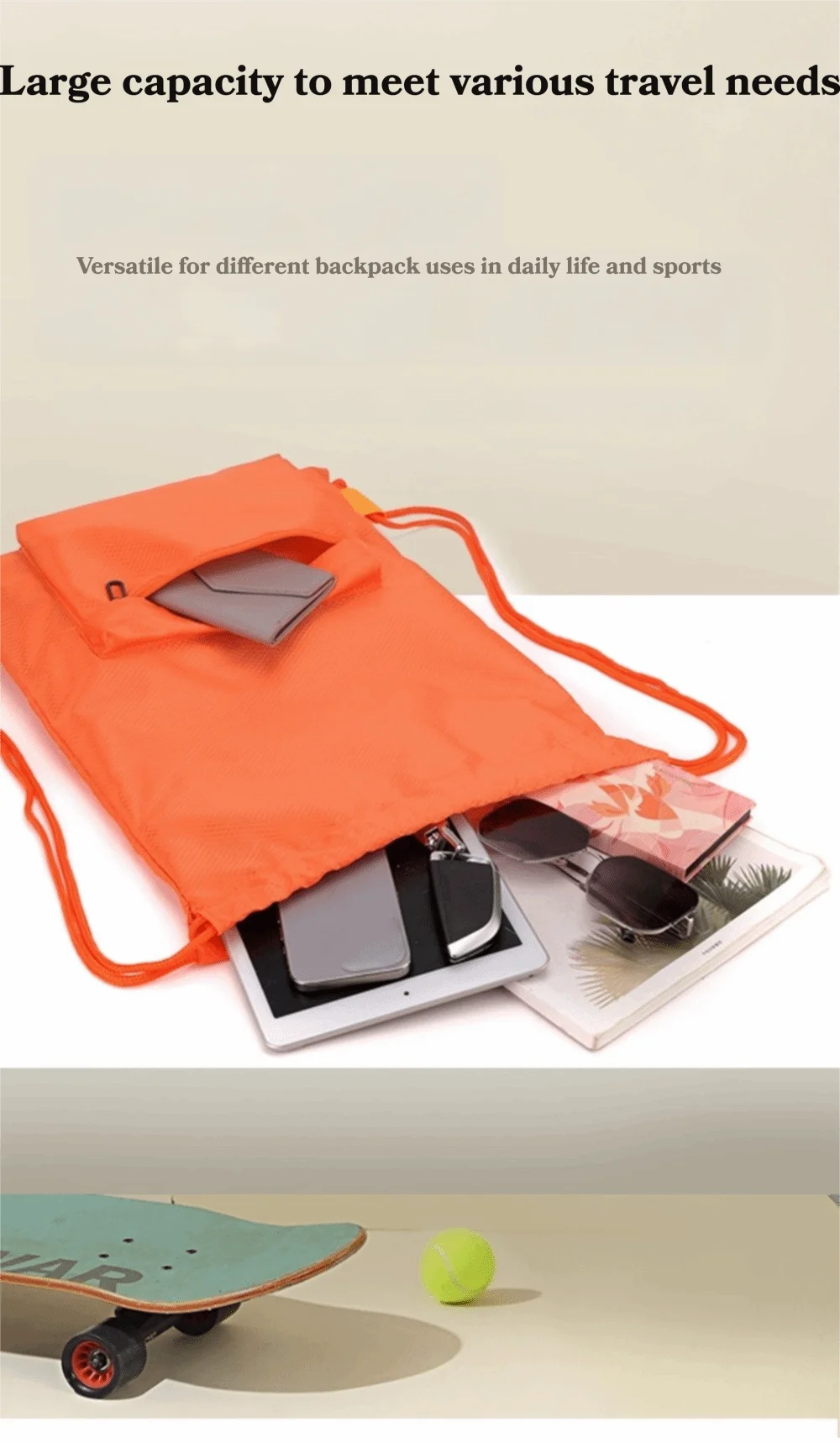 Einfarbige Turntasche mit Kordelzug, wasserdicht, schnell trocknend, Sportrucksack, verstellbare Träger, großes Fassungsvermögen, Sporttasche mit zwei Schultergurten – Detail 3