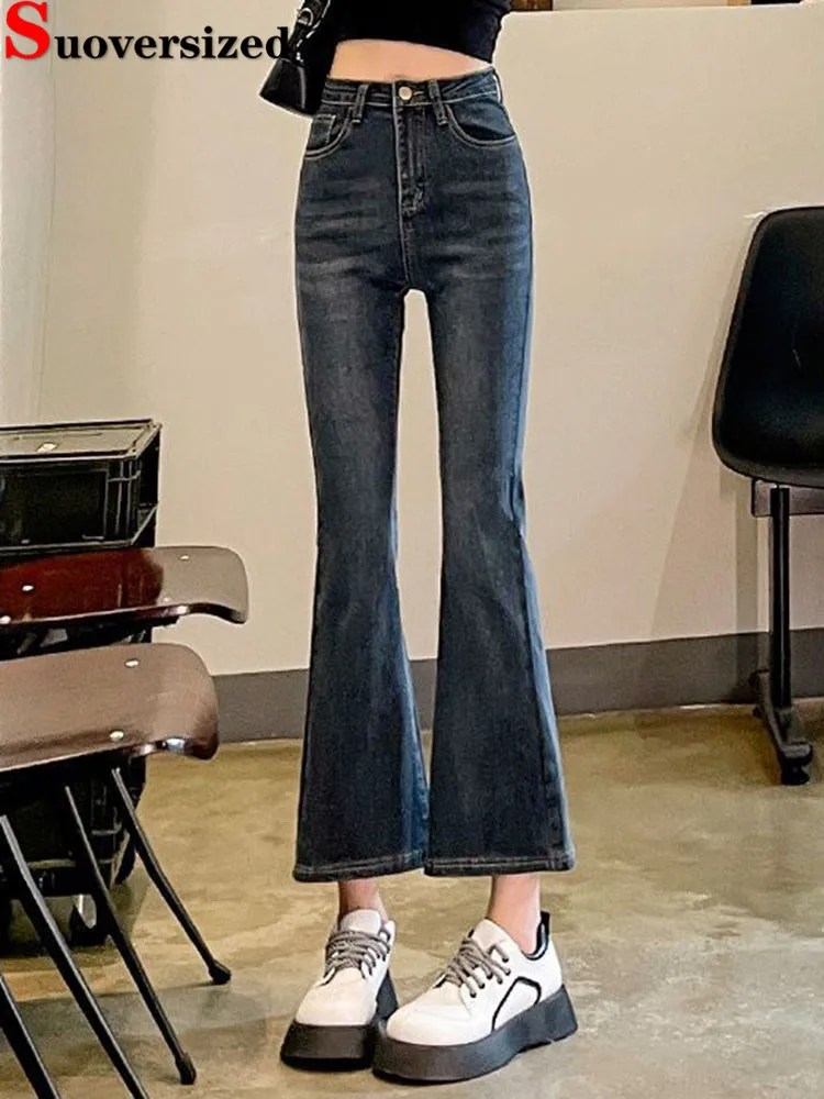 

High Waist Skinny Flare Jeans Women High Waist Ankle Length Denim Pants Korean Fashion Stretch Slim Vintage Wide Leg Vaqueros