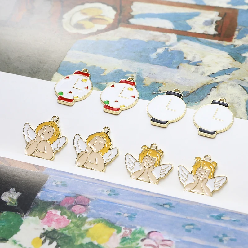 1pcs Cute Angel Wings Alloy Drip Oil Small Alarm Clock Watch Pendant Diy Handmade Jewelry Earrings Keychain Accessories Charms