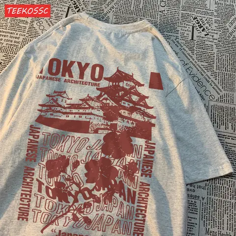 트렌드 코튼 여성 티셔츠 일본 도쿄 사쿠라 프린트 streetwear 부드러운 통기성 특대 여름 거리 여성 의류