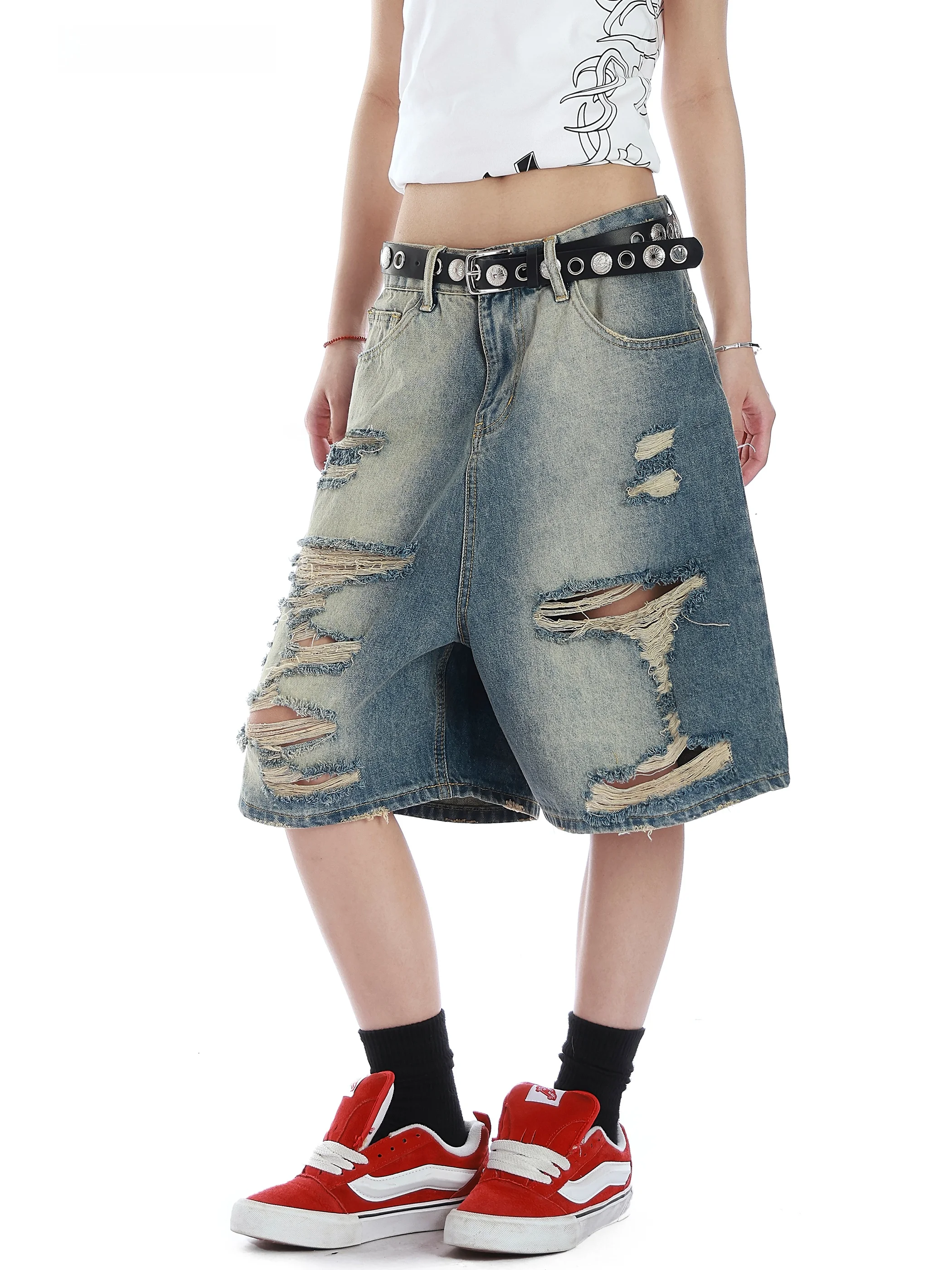 

Vintage American Street Style Distressed Wide Leg Jeans Shorts Men's Loose Straight Cut Blue Denim Breathable Casual Wear