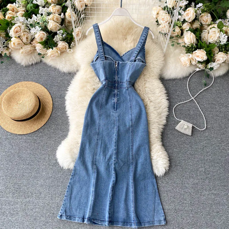 Summer Women Denim Dresses Sleeveless V-Neck Strap Jean Slim Fit Slit Long Dress Elegant Female Party Frock