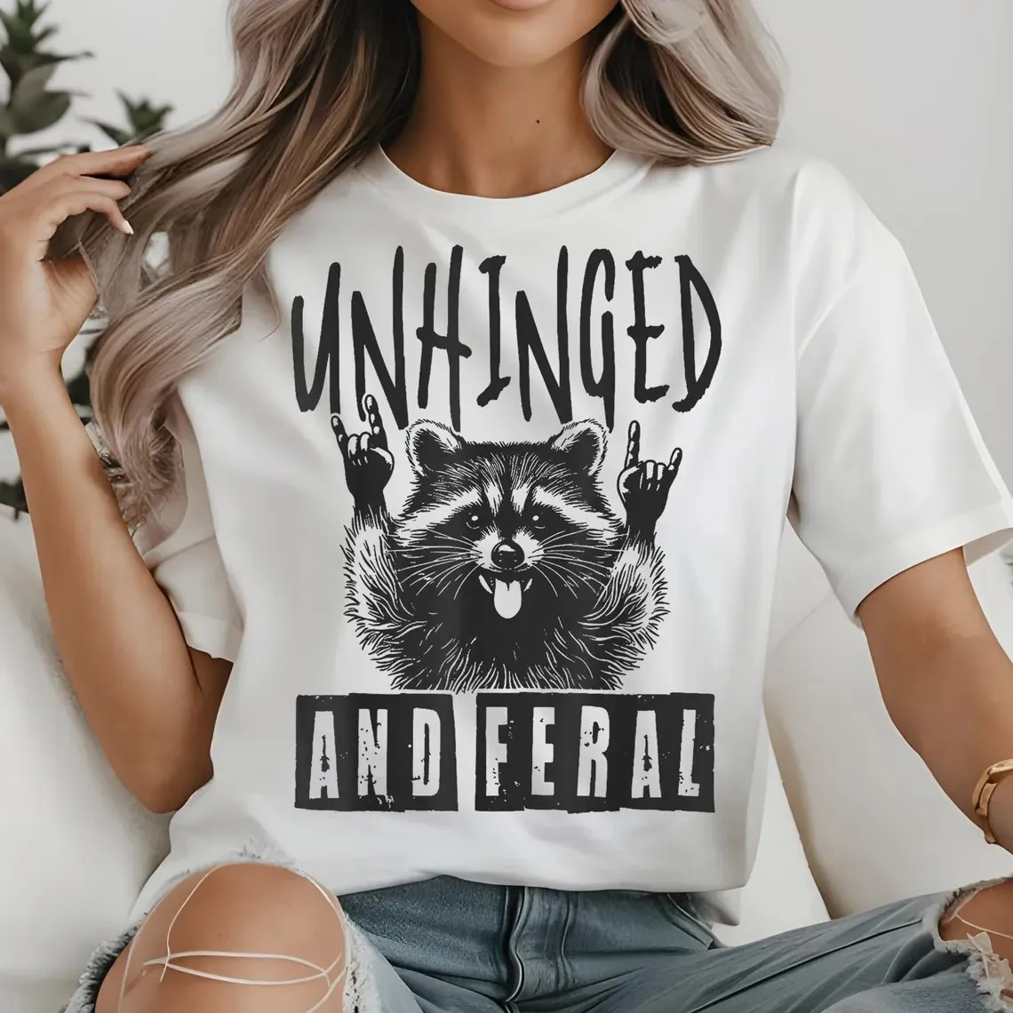 

Feral Girl Autumn Raccoon Cute But Feral Raccoon T Shirts Streetwear Short Sleeve Graphic Men Women Stylish Harajuku Unisex Tops