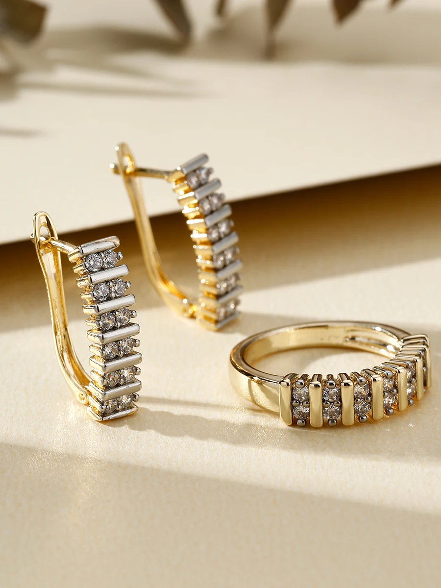 Strip Inlaid Zircon Two-Tone Earrings and Rings Set Fashion Jewelry Holiday Party Gift Three-Piece Jewelry Set
